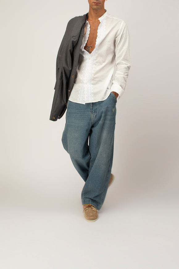  Camicia Coreana Ricamata Deuxiemme Uomo Bianco - 3
