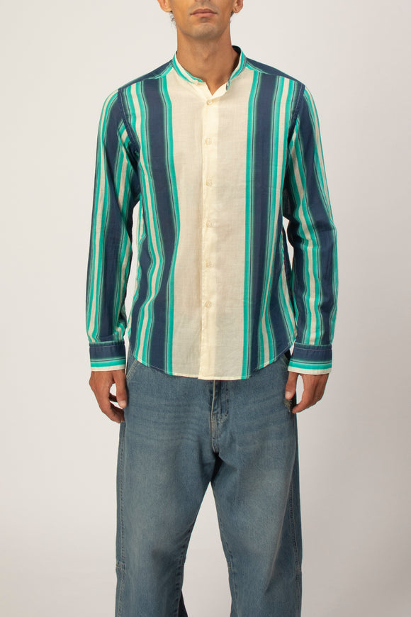  Camicia Coreana Rigata Deuxiemme Uomo Verde - 2