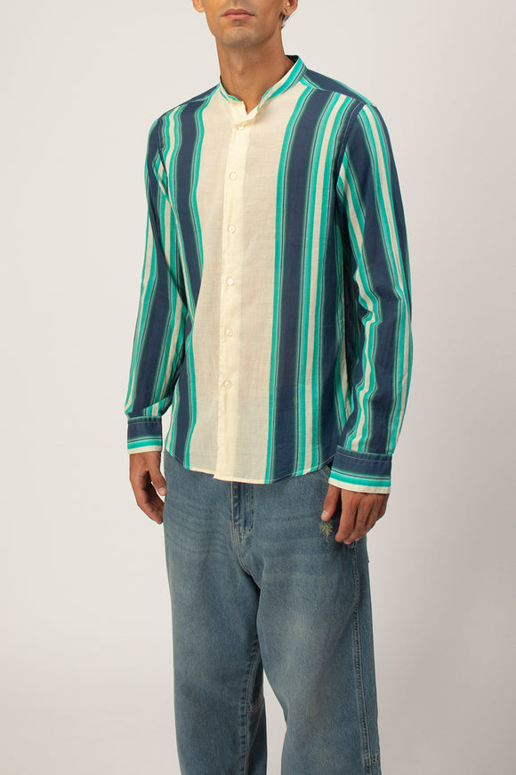  Camicia Coreana Rigata Deuxiemme Uomo Verde - 4