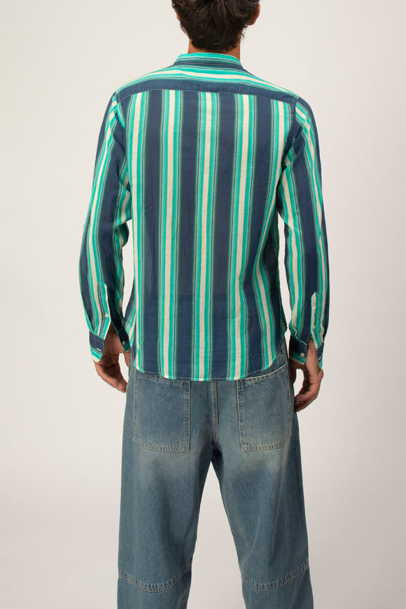  Camicia Coreana Rigata Deuxiemme Uomo Verde - 5