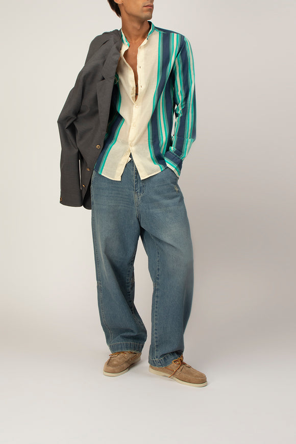  Camicia Coreana Rigata Deuxiemme Uomo Verde - 3
