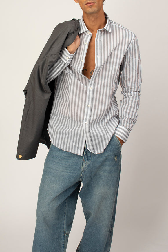  Camicia Broken A Righe Deuxiemme Uomo Grigio - 1