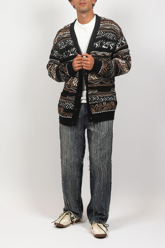  Cardigan Jacquard Etnico Laneus Uomo Nero - 3
