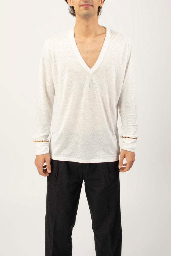  T-shirt A V Manica Lunga Ciano Uomo Bianco - 2