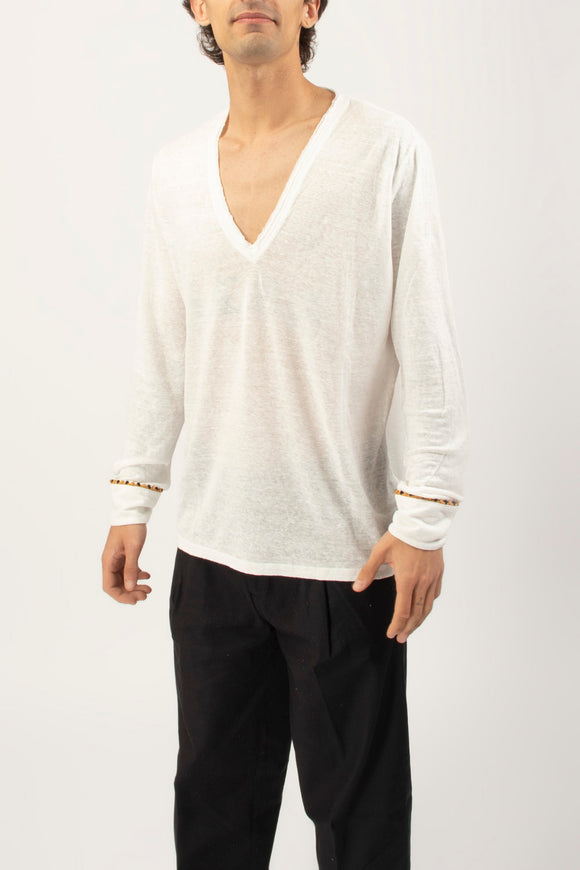  T-shirt A V Manica Lunga Ciano Uomo Bianco - 4