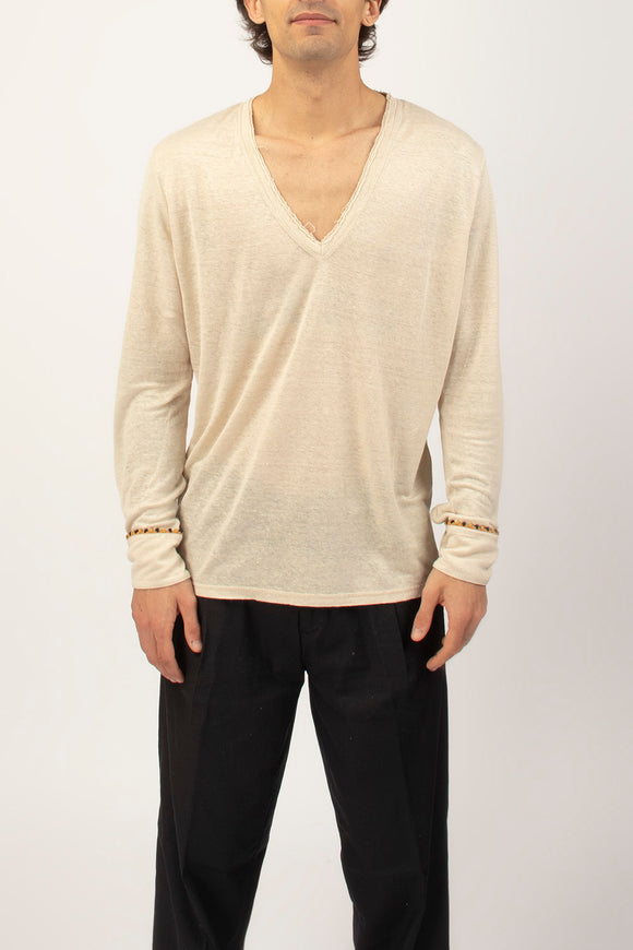 T-shirt A V Manica Lunga Ciano Uomo Beige - 2