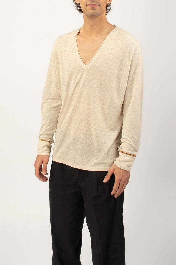 T-shirt A V Manica Lunga Ciano Uomo Beige - 4