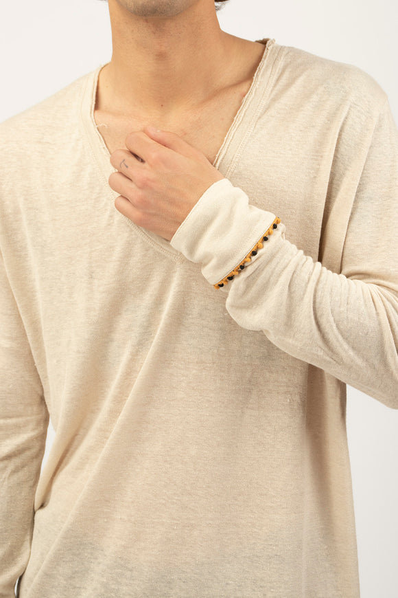  T-shirt A V Manica Lunga Ciano Uomo Beige - 6