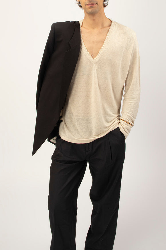  T-shirt A V Manica Lunga Ciano Uomo Beige - 1