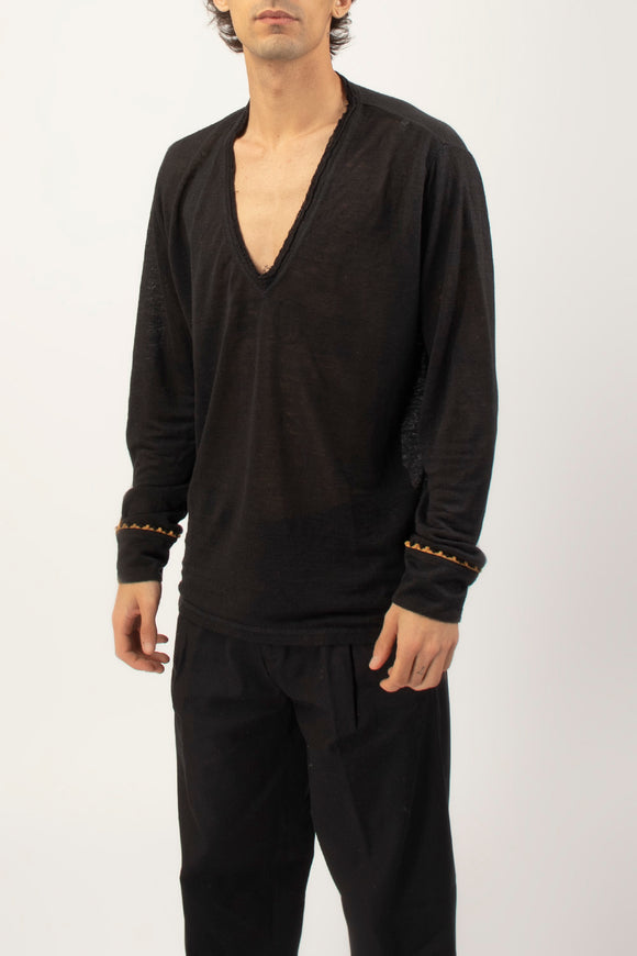  T-shirt A V Manica Lunga Ciano Uomo Nero - 2