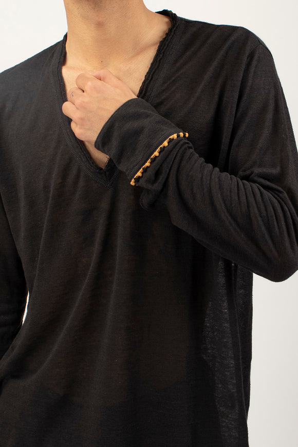  T-shirt A V Manica Lunga Ciano Uomo Nero - 5