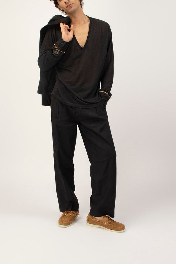  T-shirt A V Manica Lunga Ciano Uomo Nero - 3