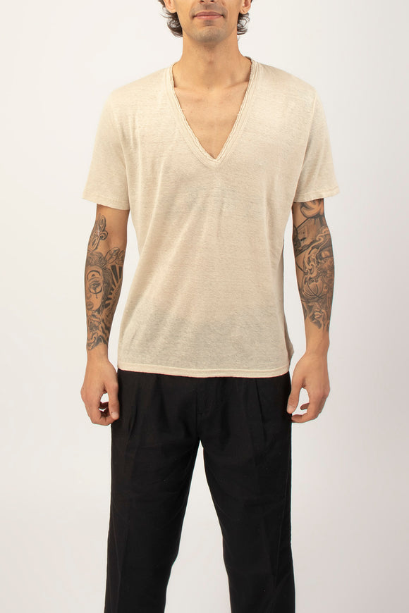  T-shirt A V Canapa Ciano Uomo Beige - 2
