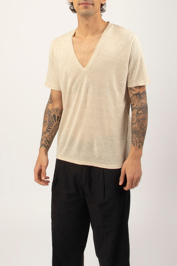  T-shirt A V Canapa Ciano Uomo Beige - 4