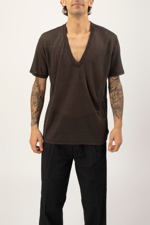  T-shirt A V Canapa Ciano Uomo Marrone - 2