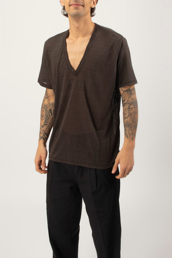  T-shirt A V Canapa Ciano Uomo Marrone - 4