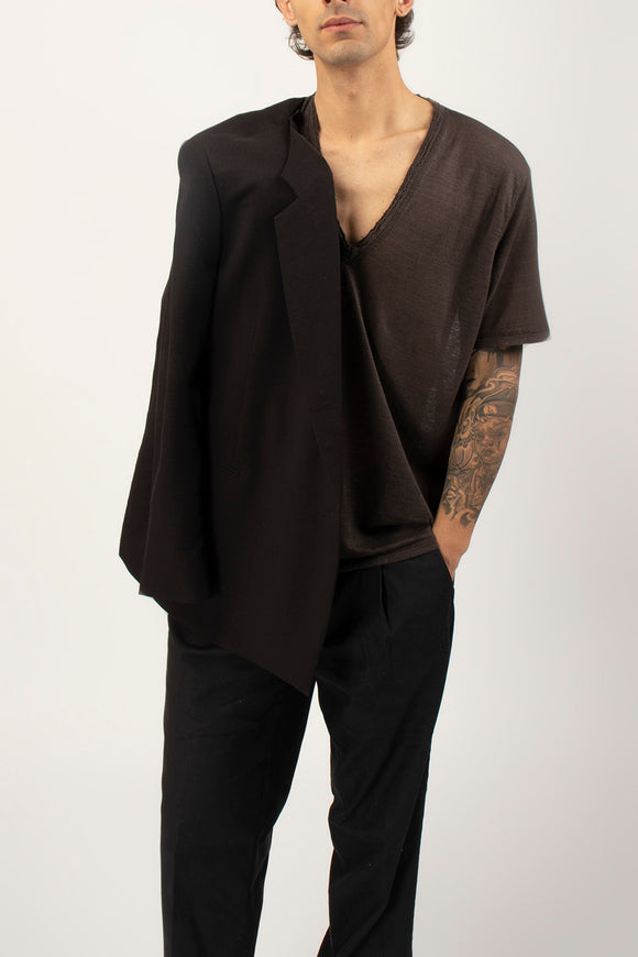 T-shirt A V Canapa Ciano Uomo Marrone - 1