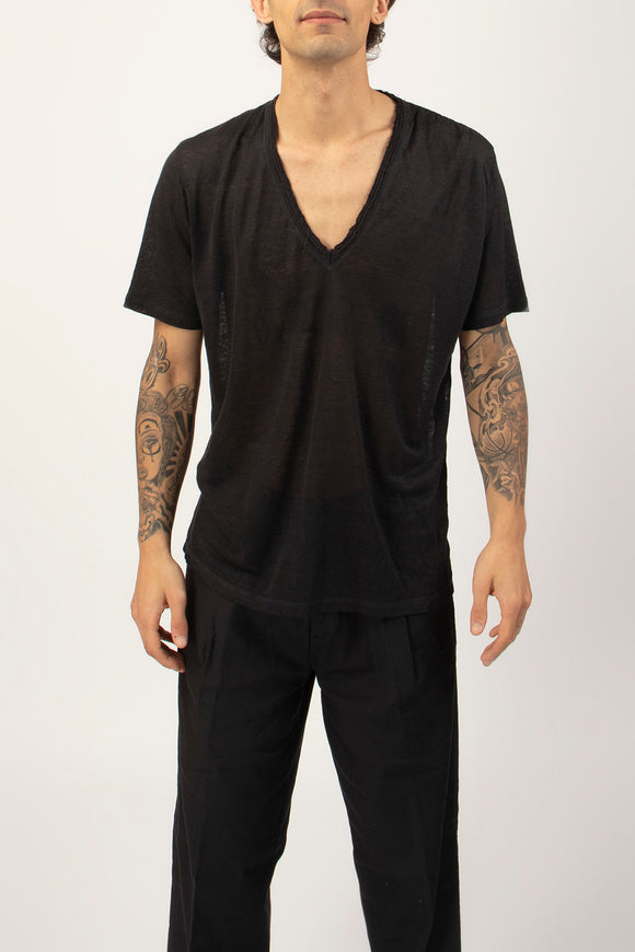  T-shirt A V Canapa Ciano Uomo Nero - 2
