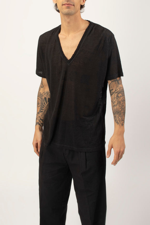  T-shirt A V Canapa Ciano Uomo Nero - 4
