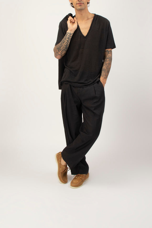  T-shirt A V Canapa Ciano Uomo Nero - 3